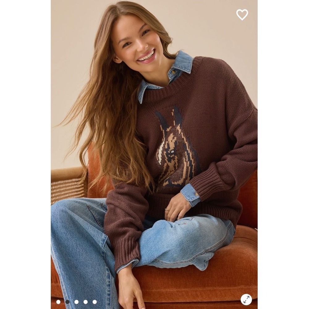Altar'd State‎ Brown Horse Knit Crewneck Oversized Pullover Sweater Size Small - Picture 2 of 8